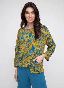 Liv Gold/Blue Paisley Print Crinkle Blouse