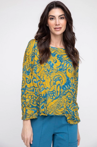 Liv Gold/Blue Paisley Print Crinkle Blouse