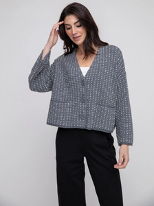 Liv Dot V-Neck Cropped Button-Up Gray Cardigan