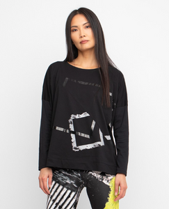 Ozai Black Silver Graphic Edge Cotton Knit Blouse