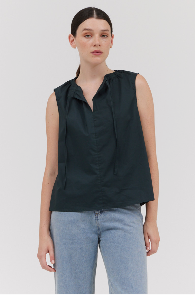 Sleeveless Cotton Drawstring Neckline Blouse