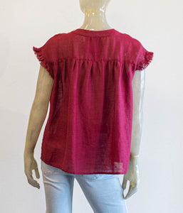 Red Button Up Raw Edge Cap Sleeve Linen Blouse
